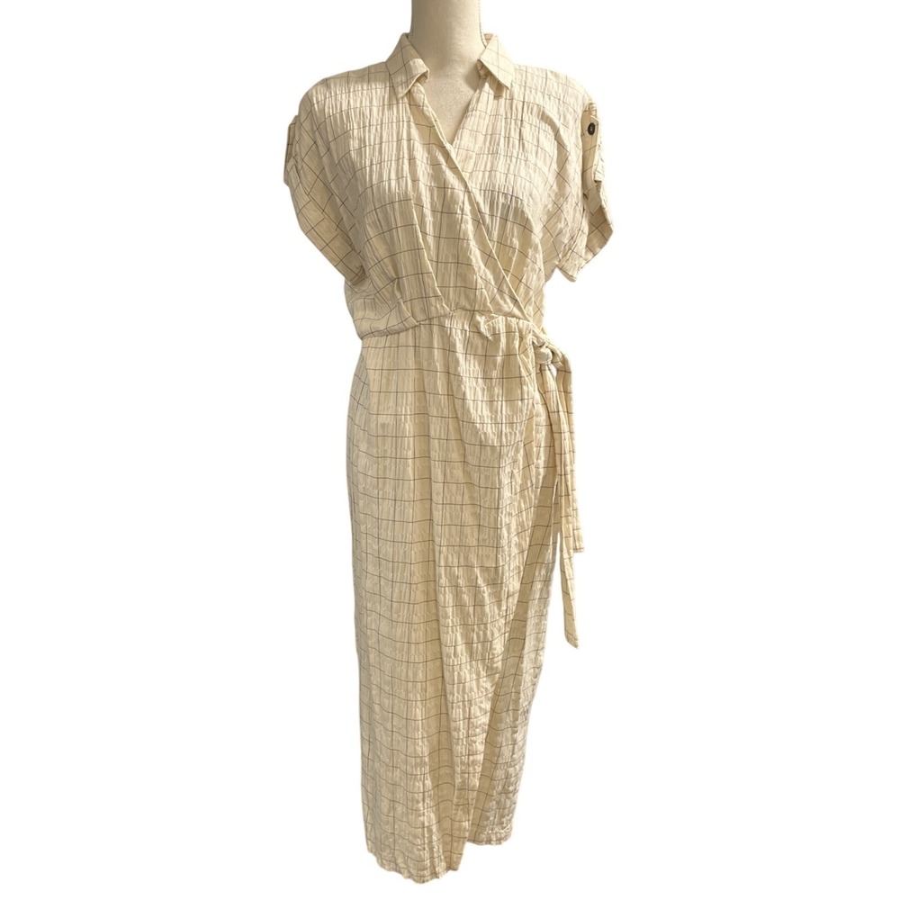 Zara Dress Wrap Maxi Size M Ivory Black Grid Windowpane Office Career Summer